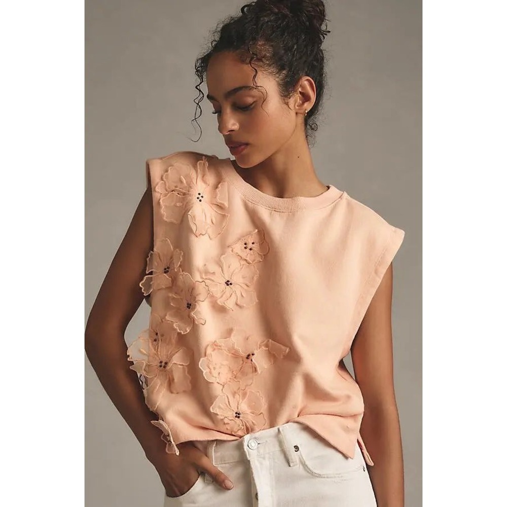 Anthropologie Floral Appliqué Knit Sleeveless Top Peach Medium
